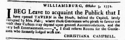 Virginia Gazette advertisement for Christiana Campbell's tavern