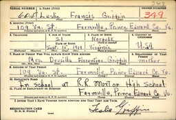 L. Francis Griffin filled out this WWII draft registration card on October 16, 1940, when he was 21 years old. He stated that he was attending school at R. R. Morton (Moton) High School at the time of his registration. On the back of the card, he identified his race as “Negro,” his height at 5’11, his weight 167 lbs., his eye color brown, hair black, and complexion dark brown.  