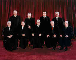 This is the official Supreme Court photograph of the men who made up the court from 1962-1965. The members of the court were, from left to right, top row: Byron R. White, William J. Brennan, Jr., Potter Stewart, Arthur J. Goldberg. Bottom row: Tom C. Clark, Hugo L. Black, Earl Warren, William O. Douglas, and John M. Harlan II.