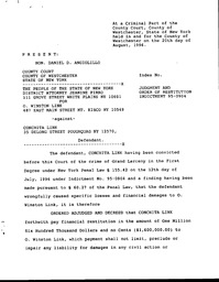 This is the first page of the judgment and order of restitution sentenced to Conchita Link on July 12, 1996, for having “wrongfully caused specific losses and financial damages to O. Winston Link.” She was sentenced to pay $1,600,000.00 to O. Winston Link, and an additional charge of $80,000 to the Westchester County Department of Probation. Conchita was found guilty of selling her husband’s photographs without his knowledge or permission and keeping the money for herself.  