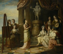 This group portrait, painted by Richard Samuel in 1778, depicts nine women who were members of an English social circle of highly educated men and women known as the Bluestockings. They are depicted as ancient muses in the Temple of Apollo, some sitting at an easel, some playing music, and some admiring statuary. The group was well-known in its time for its acknowledgement that women could have a refined understanding of literature and art. 