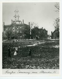 This photograph, taken around 1864, shows Aspinwall Hall, including its central structure, Meade Hall, a group of buildings that are part of the Virginia Episcopal Theological Seminary. The Seminary had been in operation in Alexandria since the 1820s, and Aspinwall Hall was constructed in the late 1850s. Prior to emancipation the Episcopal Seminary hired enslaved people to work for the institution, and the surrounding neighborhood of “Seminary”, or later, “Mudtown,” was predominantly Black.  