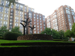 This photograph shows the central sculptures of the Alexandria African American Heritage Park, with Carlyle Development apartment buildings in the background. Washington D.C. sculptor Jerome Meadows designed the memorial sculptures, designed to resemble a group of bronze trees. The sculpture is entitled “Truths That Rise from the Roots Remembered.” The nine-acre park was created in 1995 to commemorate historic Black neighborhoods in Alexandria, and it contains a historic Black cemetery.  