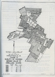 <p>The Charlottesville Joint Health Department created this map in 1950 and published it in <i>An Appraisal of the Quality of Housing, Charlottesville, Virginia, January 20, 1951</i>. The map shows the quality of housing in various sections of Charlottesville as judged by the median value of the property. The report was the first step taken by the Charlottesville City Council in its effort to secure federal redevelopment funding.</p> 