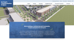 <p>This screenshot, taken on February 19, 2024, shows the official homepage for “St. Paul’s Transformation Project,” run by the Norfolk Redevelopment and Housing Authority and the City of Norfolk. The header image is a computer graphic of a new building in St. Paul’s quadrant, a development which will replace Tidewater Gardens housing project.</p>