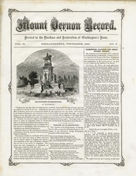 <p>The front page of the December 1859 edition of the <em>Mount Vernon Record</em> includes an illustration of designer Thomas Crawford’s Washington monument at Richmond and a “Sonnet to Washington.” The Mount Vernon Ladies Association published the <em>Record</em> to fundraise for their planned future purchase of Mount Vernon.</p> 