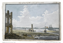 <p>A damaged brick wall and a few battered stone chimneys stand alongside the Elizabeth River in this watercolor, entitled: “View of Part of the Ruins of Norfolk.” The city of Portsmouth is visible in the background. English-born neoclassical architect Benjamin Henry Latrobe, one of the designers of the U.S. Capitol, painted the scene in the detailed journals he kept during his travels in Virginia from 1796-1798.</p> 