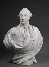 <p>A marble bust depicts the Marquis de Lafayette, draped in a neoclassical-style shawl over his military uniform.</p>