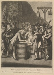 <p>In this British political cartoon, a mob of thuggish looking Virginians force a group of well-dressed members of the gentry to sign the Continental Congress’s non-importation agreement. The crowd is armed, and tar and feathers hang in the background, showing the implied consequences of not signing the terms.</p>