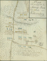 <p>Hessian officer Captain Johann Ewald drew this map of the June 26, 1781, battle at Spencer’s Ordinary for his military diary. He titled the map: “Plan von dem Gefecht bei Speniers Haus Sieben Meilen von Williamsburg” which roughly translates to “Plan of the action at Spencer’s House, seven miles from Williamsburg.” He shows on the map, using symbols and labels written in his native German, troop locations and movements throughout the battle.</p> 