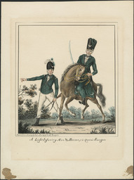 <p>A member of the Queen’s Rangers’ light infantry, dressed in a green uniform and a black feathered cap adorned with a crescent moon, speaks to a member of the unit’s light cavalry, identified in the image as a “huzzar” (hussar,) who is on horseback.</p>