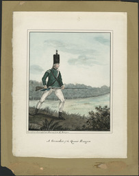 <p>A grenadier of the Queen’s Rangers, dressed in a green uniform with a black cap, stands poised with his musket in a position for bayonet fighting.</p>