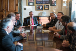 <p>U.S. Senators Tim Kaine and Mark Warner meet with the leaders of six Virginia Indian Tribes on January 11, 2018, shortly before the unanimous Senate vote passing the <em>Thomasina E. Jordan Indian Tribes of Virginia Federal Recognition Act of 2017.</em> The bill, which was later signed into law by President Donald Trump, secured the official federal recognition of the tribes.</p> 