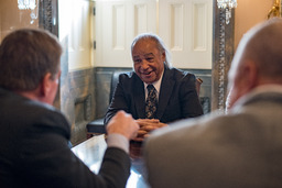 <p>Stephen R. Adkins, the chief of the Chickahominy Indian Tribe, chats with Virginia Senator Mark Warner just prior to the Senate vote on the Thomasina E. Jordan Indian Tribes of Virginia Federal Recognition Program. The bill, signed into law by President Donald Trump on January 29th, 2018, secures formal acknowledgement for the Chickahominy Indian Tribe, the Chickahominy Indian Tribe – Eastern Division, the Upper Mattaponi Tribe, the Rappahannock Tribe, the Monacan Nation, and the Nansemond Tribe.</p> 