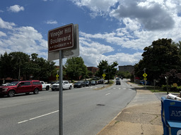 <p>A sign designating Ridge McIntire Road, the four-lane road the city constructed through Vinegar Hill after it was razed, as “Vinegar Hill Boulevard.” Community organizer Mary Carey successfully advocated for the placement of two signs along the road to mark the previous location of the Vinegar Hill neighborhood.</p>