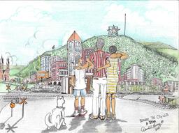 <p>A colored pencil and ink sketch depicts a Black family standing arm in arm by a historic Norfolk & Western railway crossing, looking up at the Roanoke Star, a man-made illuminated star at the top of Mill Mountain. Roanoke based artist David Ramey Sr. drew this illustration—with many others—for his not yet published book <em>Gainsboro Road and Beyond</em>, which recollects his childhood growing up in Gainsboro before urban renewal projects demolished the neighborhood.</p>