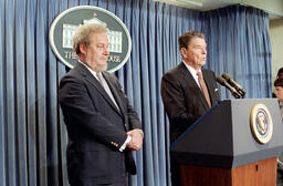 This photograph shows Ronald Reagan’s nomination of Robert Bork for the Supreme Court on July 1, 1987. 