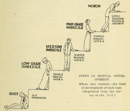 This illustration appeared in the 1915 report <i>Mental Defectives in Virginia</i>, issued by the State Board of Charities and Corrections. The image depicts five different levels of the “feeble-minded,” next to steps indicating what work they are capable of completing. An “Idiot” is at the bottom of the steps, with the following categories ascending step by step, “Low Grade Imbecile,” “Medium Imbecile,” “High Grade Imbecile,” and “Moron” at the top. 
