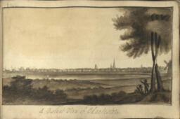  Charles Fraser, a landscape artist, painted this watercolor of the city of Charleston, South Carolina, in his sketchbook sometime between 1793 and 1796. In the foreground two men stand below some trees, with a windmill visible on the far right. On the left side of the image, ship masts can be seen on the opposite side of the skyline.  