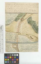 A map drawn by Francis Rawdon-Hastings, a British lieutenant, details the area around Great Bridge, in Norfolk, where the Battle of Great Bridge took place on December 9, 1775. “A View of the Great bridge near Norfolk in Virginia where the Action happened between a Detachment of the 14th Regt. & a body of the Rebels." The positions of the fort, the location of the troops, the causeway where the battle took place, and the rebel occupied church are indicated by the letters "A" through "D." 